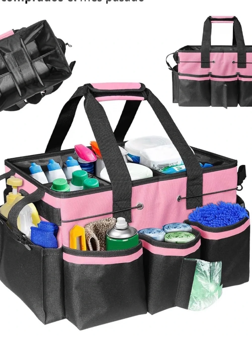 Pink & Black Open-Top Utility Tote Bag for Home Storage